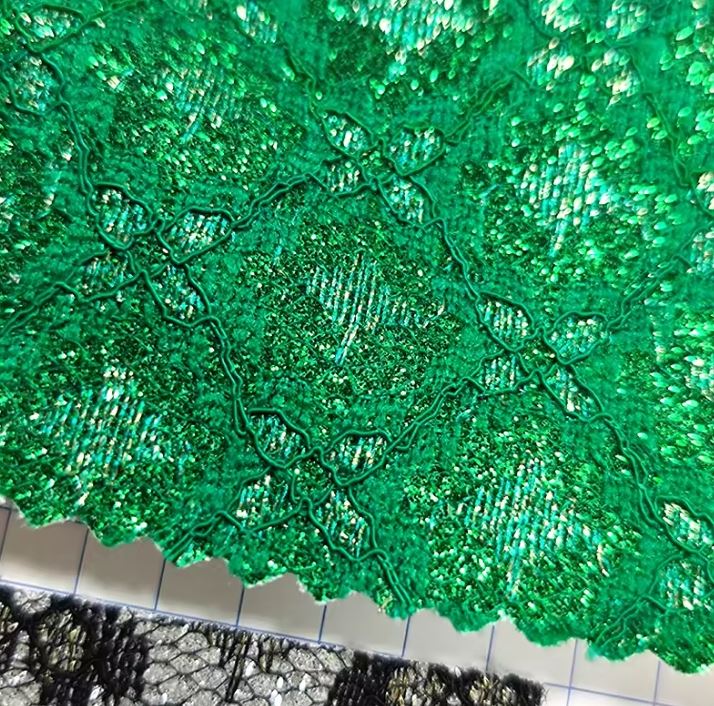 Dark Flower Embroidery Lace Mesh Chunky Glitter Synthetic PU Leather Fabric